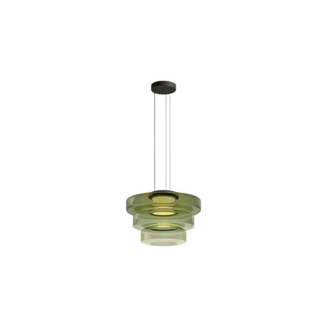 "A green glass disc pendant light with tiered design."