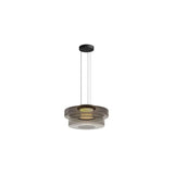 "A grey glass disc pendant light with tiered design."