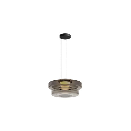 "A grey glass disc pendant light with tiered design."