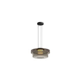 "A grey glass disc pendant light with tiered design."