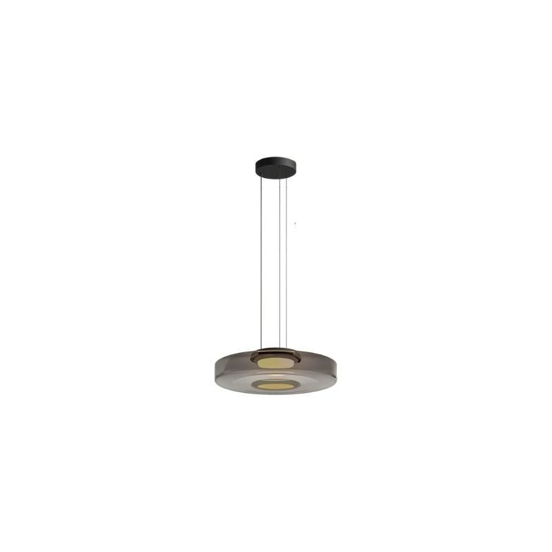 "A single grey glass disc pendant light."