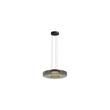"A single grey glass disc pendant light."