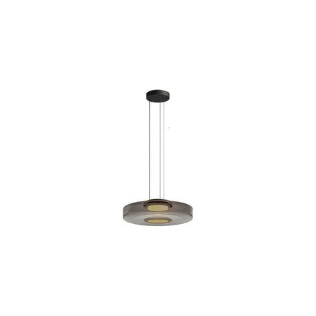 "A single grey glass disc pendant light."