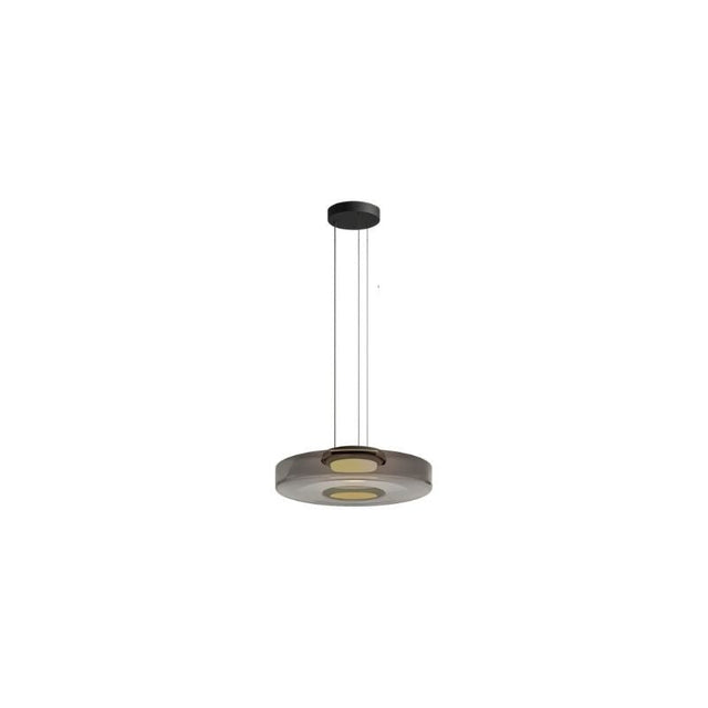 "A single grey glass disc pendant light."