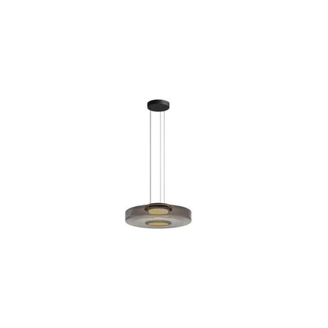 "A single grey glass disc pendant light."