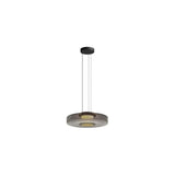 "A single grey glass disc pendant light."