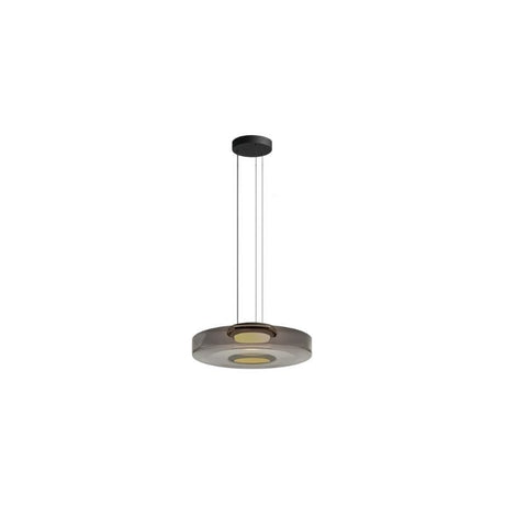 "A single grey glass disc pendant light."
