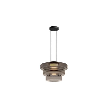 "A grey glass disc pendant light with tiered design."