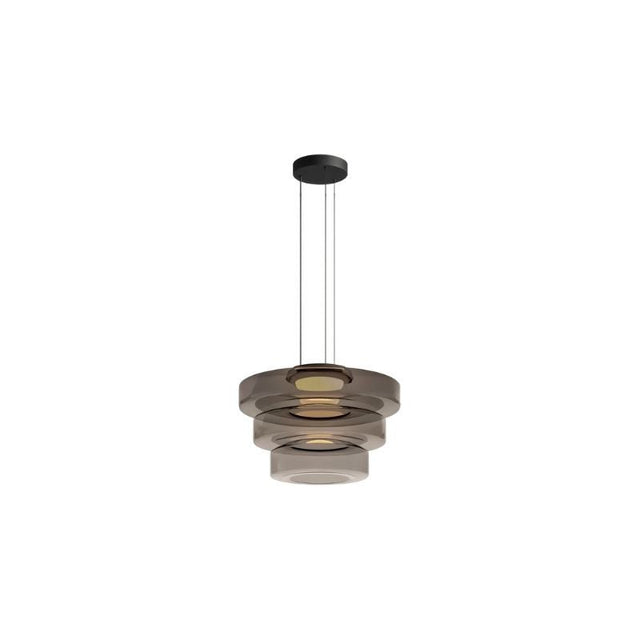 "A grey glass disc pendant light with tiered design."