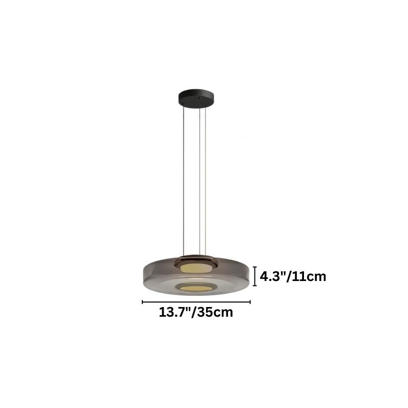 "A single glass disc pendant light with dimensions shown."