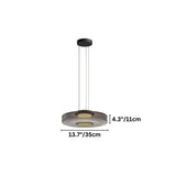 "A single glass disc pendant light with dimensions shown."