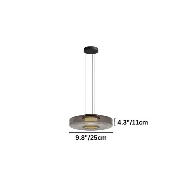 "A single glass disc pendant light with dimensions shown."