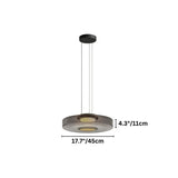 "A single glass disc pendant light with dimensions shown."