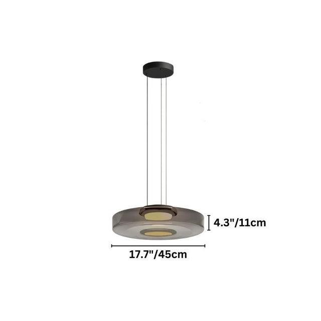 "A single glass disc pendant light with dimensions shown."