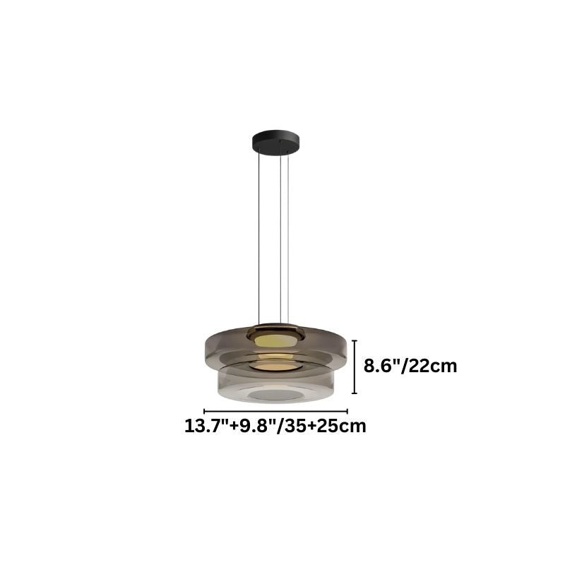 "A small glass disc pendant light with dimensions shown."