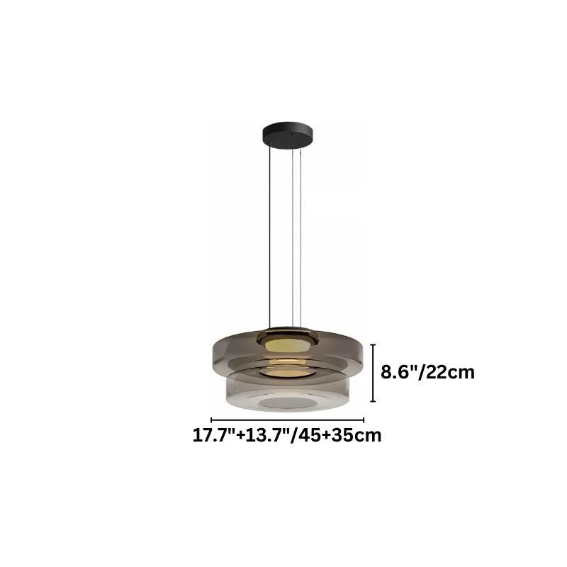 "A small glass disc pendant light showing product dimensions."