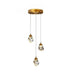 Three-light brass pendant with faceted crystal globe shades hanging from a round canopy against white background.