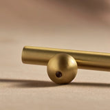 "Close-up of a gold brass knob and pull bar showing the screw hole in the knob, resting on a brown surface."