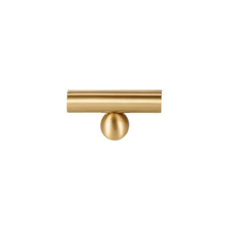 "Gold brass knob and pull bar with cylindrical design, isolated on a white background."