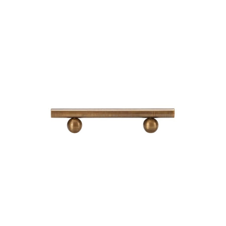 "Bronze brass pull bar with cylindrical design and two spherical knobs, isolated on a white background."
