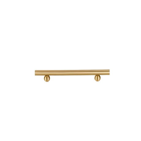 "Gold brass pull bar with cylindrical design and two spherical knobs, isolated on a white background."