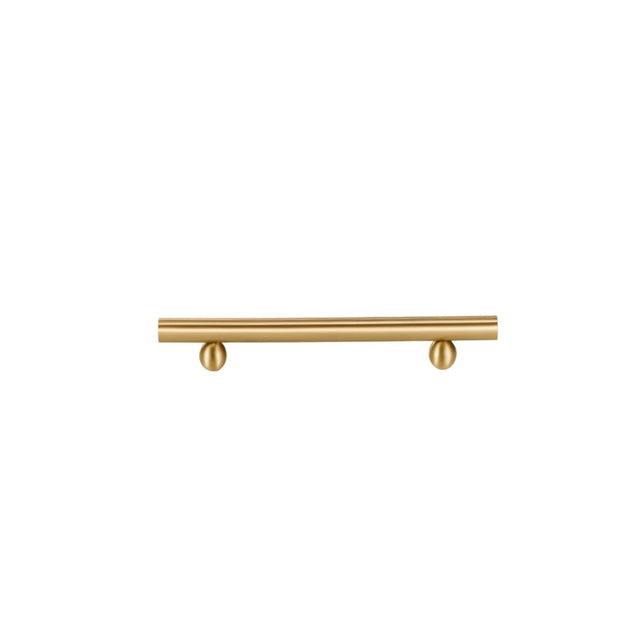"Gold brass pull bar with cylindrical design and two spherical knobs, isolated on a white background."