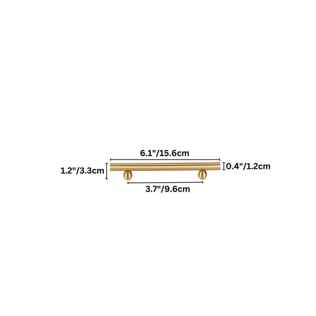 "Dimensions of a gold brass pull bar: 6.1 inches in length, 1.2 inches in height, 3.7 inches in center-to-center hole spacing, and 0.4 inches in thickness."