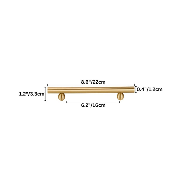 "Dimensions of a gold brass pull bar: 8.6 inches in length, 1.2 inches in height, 6.2 inches in center-to-center hole spacing, and 0.4 inches in thickness."