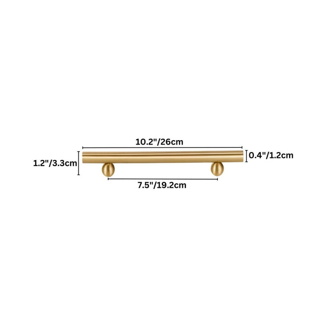 "Dimensions of a gold brass pull bar: 10.2 inches in length, 1.2 inches in height, 7.5 inches in center-to-center hole spacing, and 0.4 inches in thickness."