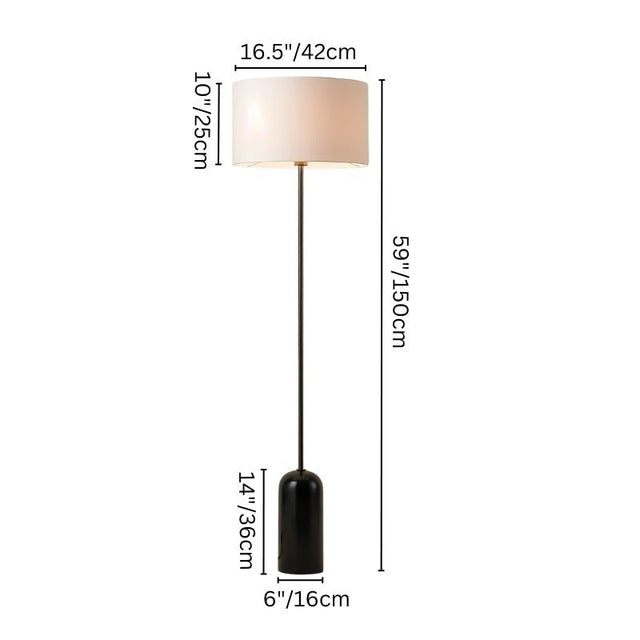 "Lios Floor Lamp with dimensions: 16.5" drum shade, 10" shade height, 6" base diameter, and 59" total height."