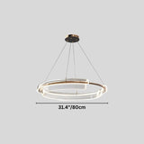 "An asymmetric dual-ring LED chandelier with iron and acrylic, showing product dimensions."