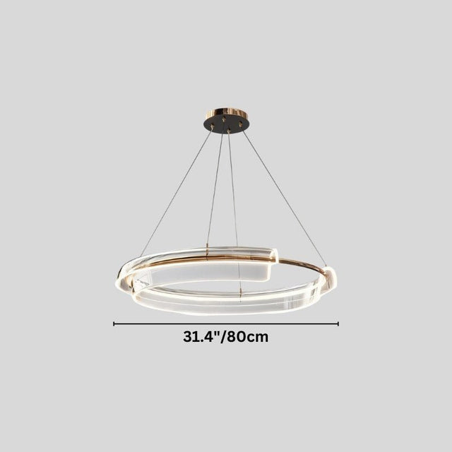 "An asymmetric dual-ring LED chandelier with iron and acrylic, showing product dimensions."