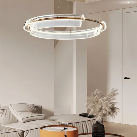 "An asymmetric dual-ring LED chandelier with iron and acrylic in a modern living room."