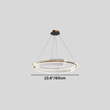 "A small asymmetric dual-ring LED chandelier with iron and acrylic, showing product dimensions."