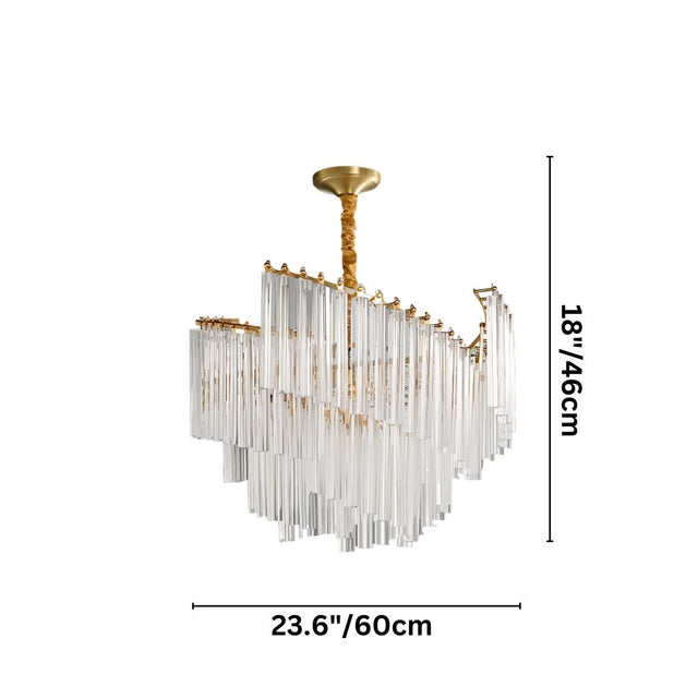 "A tiered chandelier with clear crystal rods and a brass frame, isolated on a white background with dimensions 18 inches by 23.6 inches."