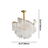 "A tiered chandelier with clear crystal rods and a brass frame, isolated on a white background with dimensions 23.6 inches by 31.4 inches."