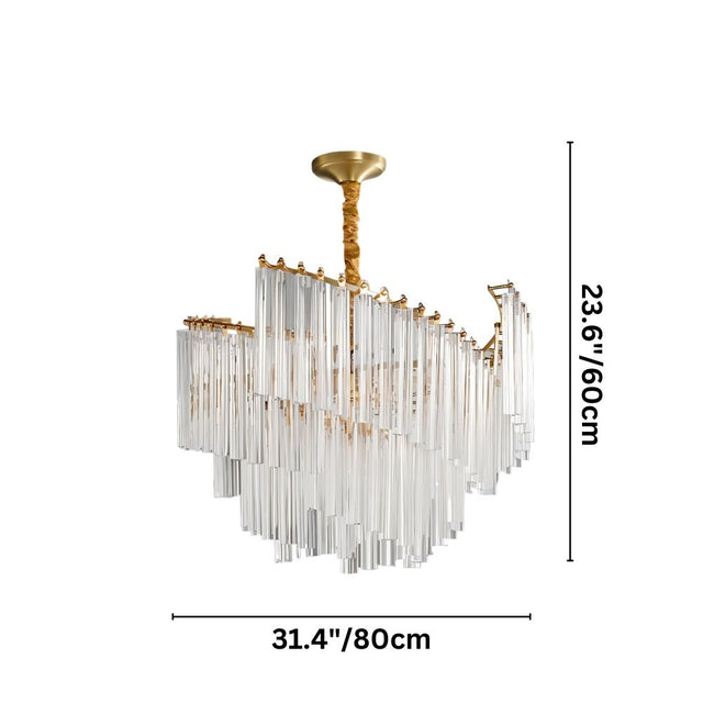 "A tiered chandelier with clear crystal rods and a brass frame, isolated on a white background with dimensions 23.6 inches by 31.4 inches."
