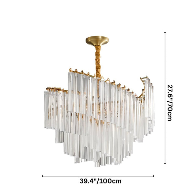 "A tiered chandelier with clear crystal rods and a brass frame, isolated on a white background with dimensions marked."