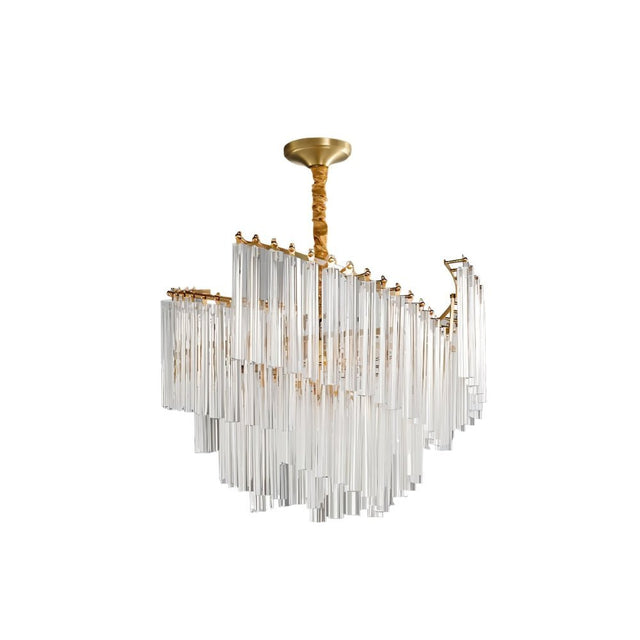 "A tiered chandelier with clear crystal rods and a brass frame, isolated on a white background."