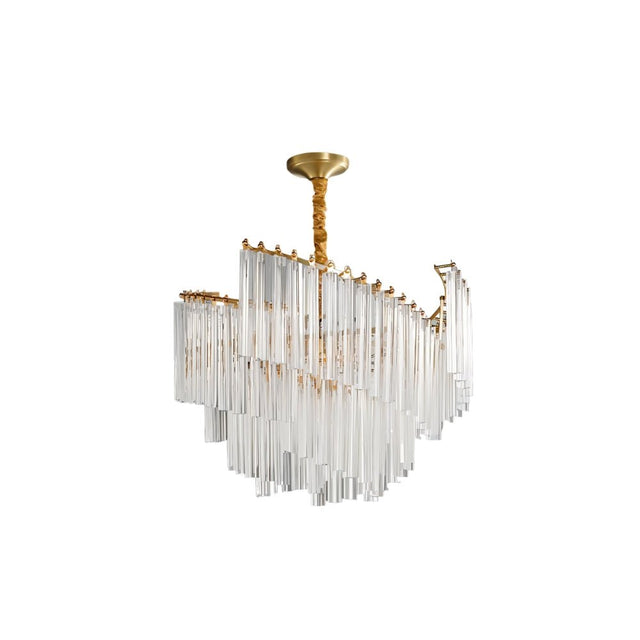 "A tiered chandelier with clear crystal rods and a brass frame, isolated on a white background."