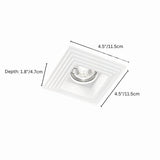 "Gypsum and aluminum recessed square downlight with ribbed edges, dimensions: 4.5”x4.5” (11.5cm), depth: 1.8” (4.7cm), offering glare-free lighting in modern interiors."