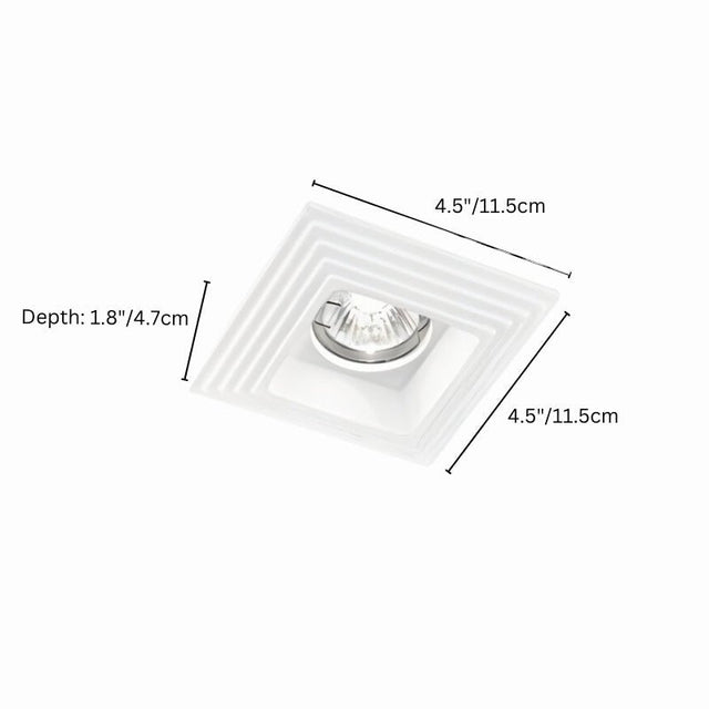 "Gypsum and aluminum recessed square downlight with ribbed edges, dimensions: 4.5”x4.5” (11.5cm), depth: 1.8” (4.7cm), offering glare-free lighting in modern interiors."