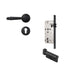 Black metal door handle set with lever handle, escutcheon, mortise lock, and cylinder on white background.