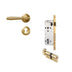 Gold brass door handle set with mortise lock and cylinder, displayed on white background.