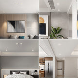 "Collage of multiple interior spaces showcasing Loux Trimless Downlights, seamlessly integrated into the ceiling, crafted from gypsum and aluminum for a clean, minimalist look."