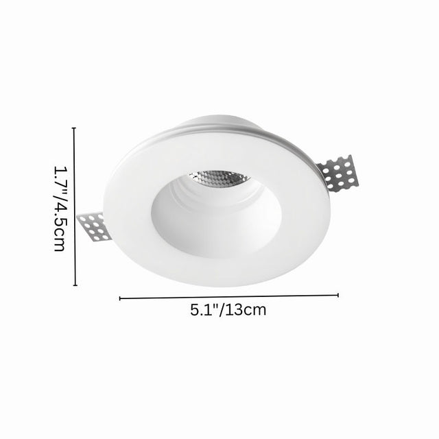 "Loux Trimless Downlight with dimensions shown, crafted from gypsum and aluminum for seamless ceiling integration, featuring a clean and minimalist design."