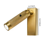 "Close-up of the modern bedside reading lamp with dimensions shown: 5.1 inches in height and 1.1 inches in width, featuring a textured polished metal finish."