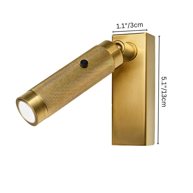 "Close-up of the modern bedside reading lamp with dimensions shown: 5.1 inches in height and 1.1 inches in width, featuring a textured polished metal finish."