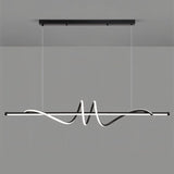 "A modern black linear pendant light with wave-like curves, suspended against a gray background."
