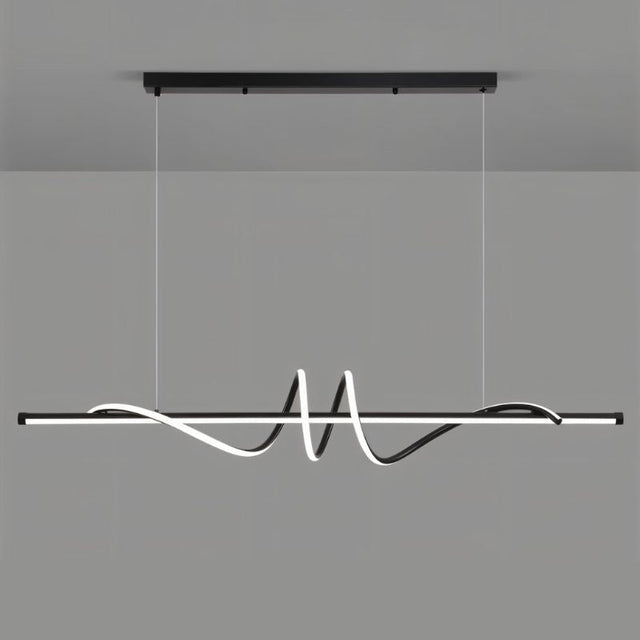 "A modern black linear pendant light with wave-like curves, suspended against a gray background."